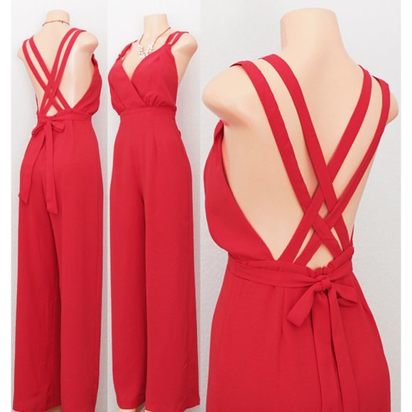 Milk & Honey Dresses & Skirts - Red Crisscross Strap Backless Sexy V Neck Jumpsuit